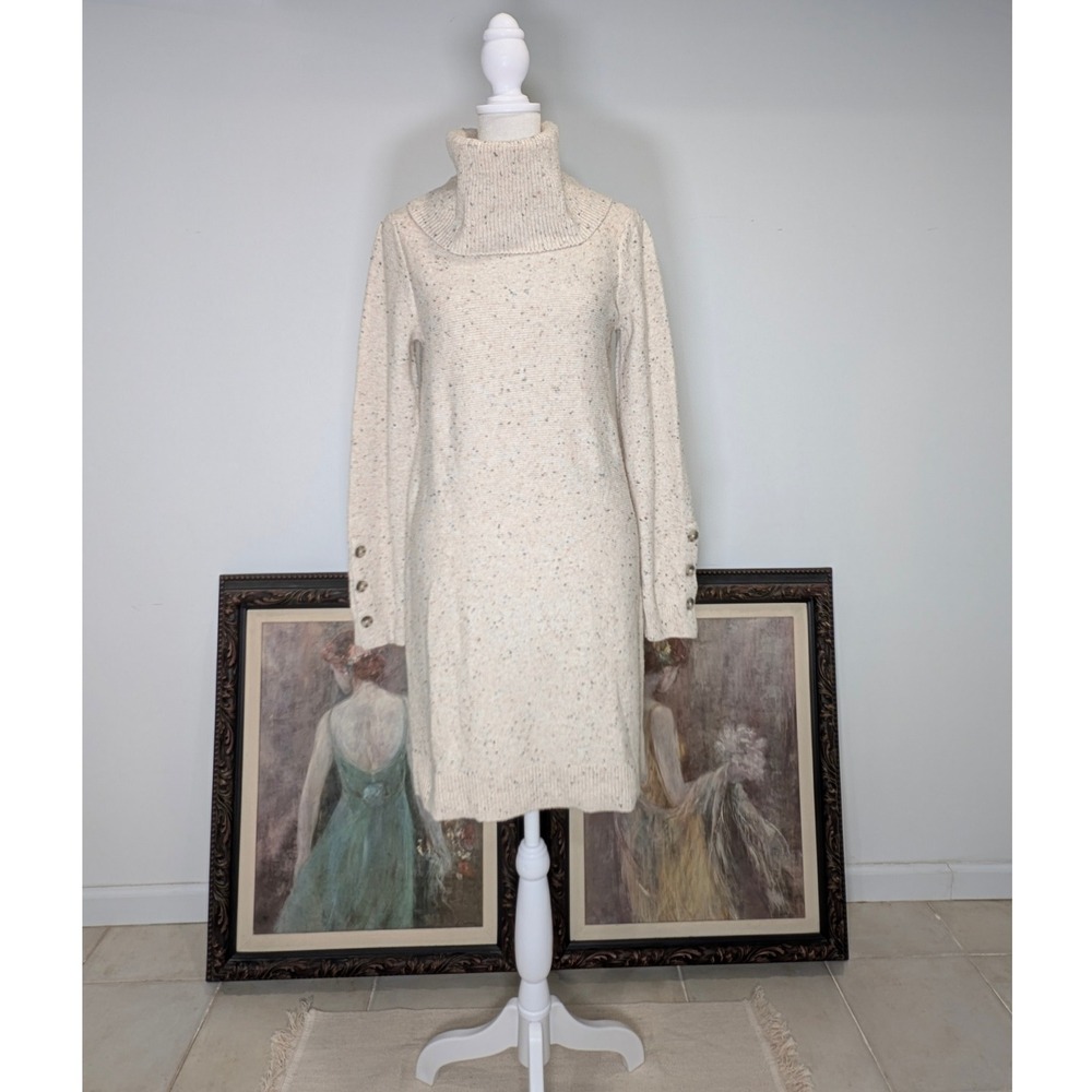LOFT Women's Cream Speckled Turtleneck Long Sleeve Sweater Dress‎ Button Cuff S - Picture 8 of 8